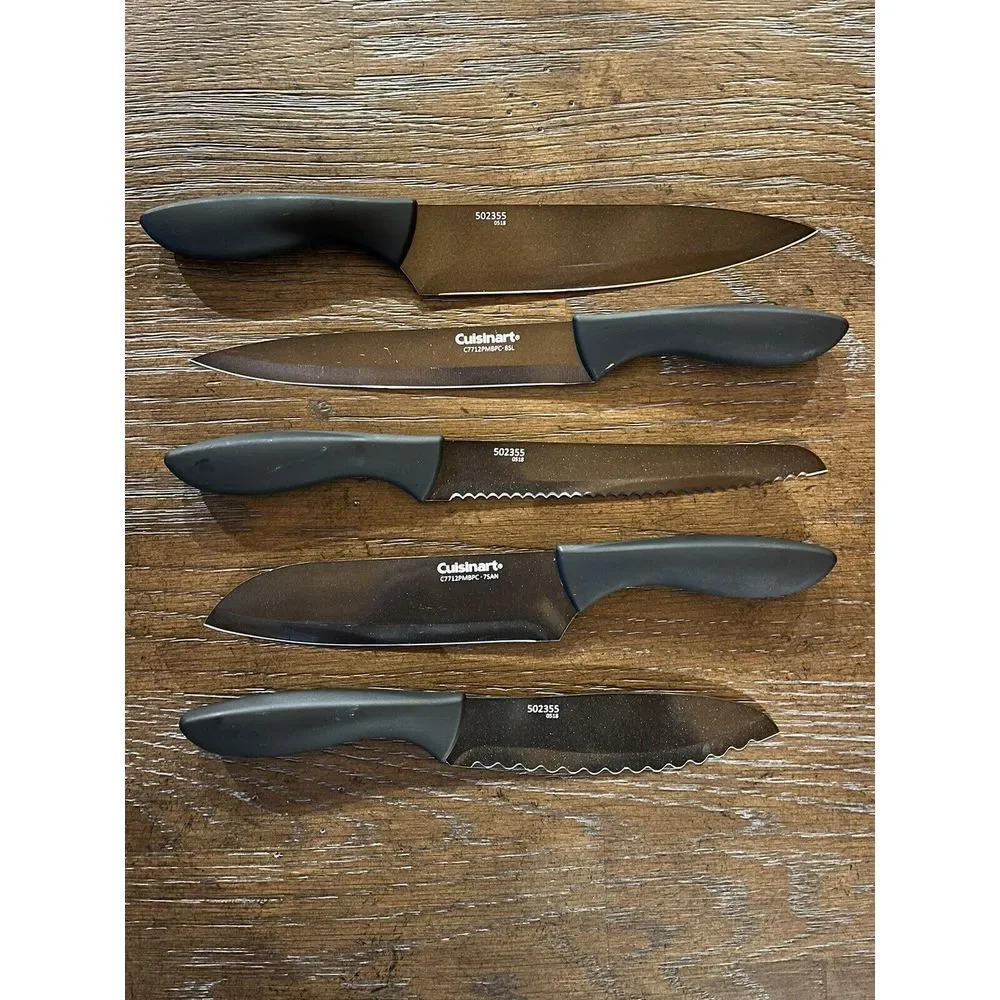 CUISINART Knives Set of 5 Black Plastic Handle Cutlery‎ 502355 0518 With Covers